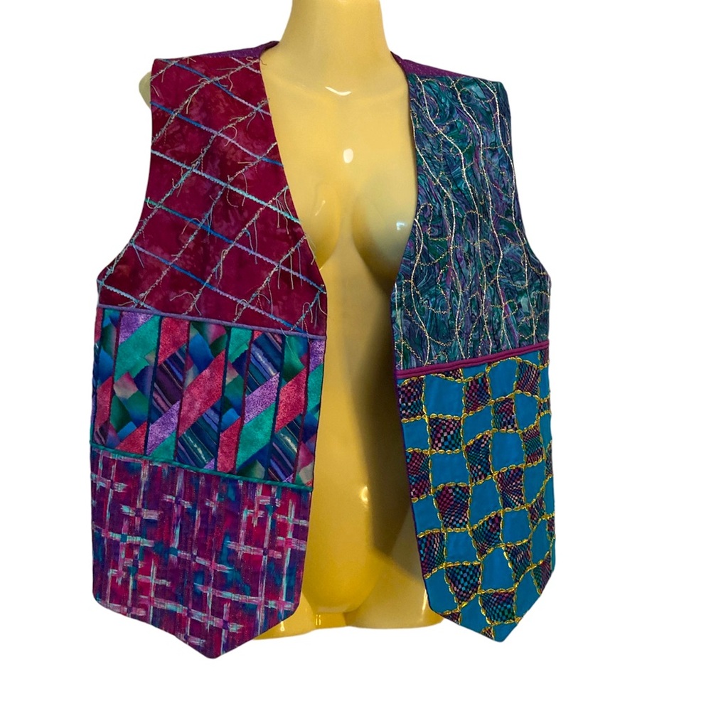 Mixed Media Open Front Vest Colorblock Handcrafted Vintage Artisan Unique Med